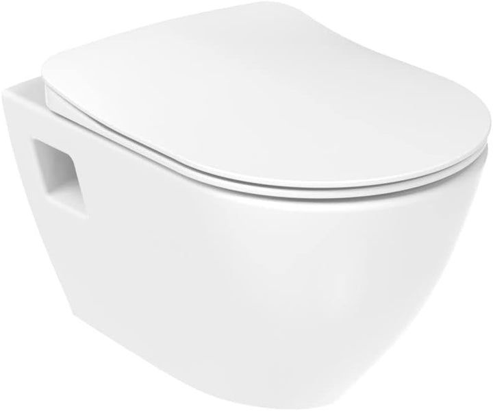Furni24 Spülrandloses Wand-WC mit Toilettendeckel, Hänge-WC, Duroplast WC-Sitz mit Absenkautomatik, Tiefspüler spülrandlos mit waagerechtem Abgang, Keramik,Bautiefe ist 50cm, Tiefspüler weiß