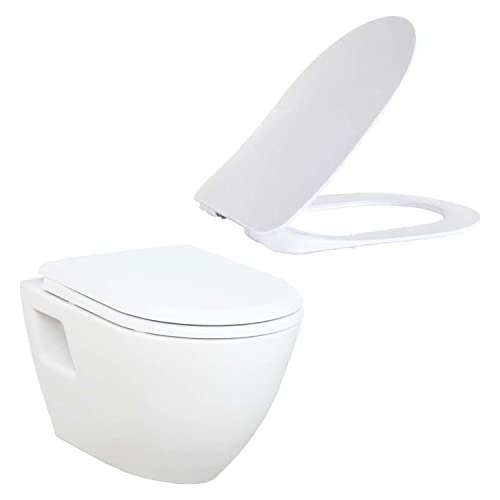 Furni24 Spülrandloses Wand-WC mit Toilettendeckel, Dusch-WC (Taharet), Hänge-WC, Duroplast WC-Sitz mit Absenkautomatik, Tiefspüler spülrandlos mit waagerechtem Abgang,Bautiefe ist 50cm,Tiefspüler weiß