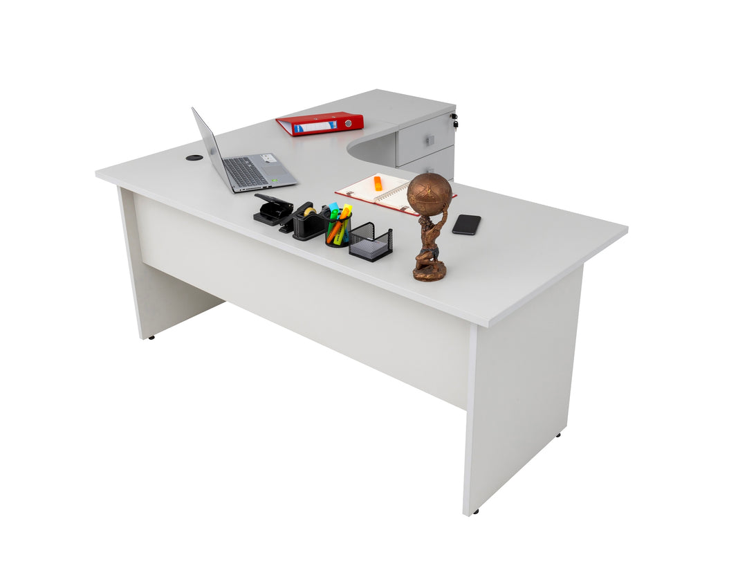 Winkelschreibtisch Dona, Holzfuss, grau Dekor, 180 cm x 120 cm x 74 cm,  inkl. Beistellcontainer, rechts gewinkelt