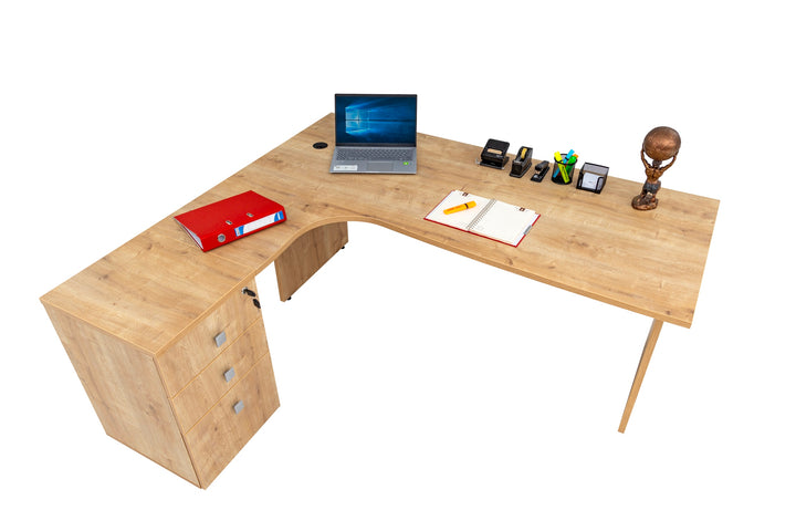 Winkelschreibtisch Dona, Holzfuss, Saphir Eiche Dekor, 180x120x74 cm,  inkl. Beistellcontainer, links gewinkelt