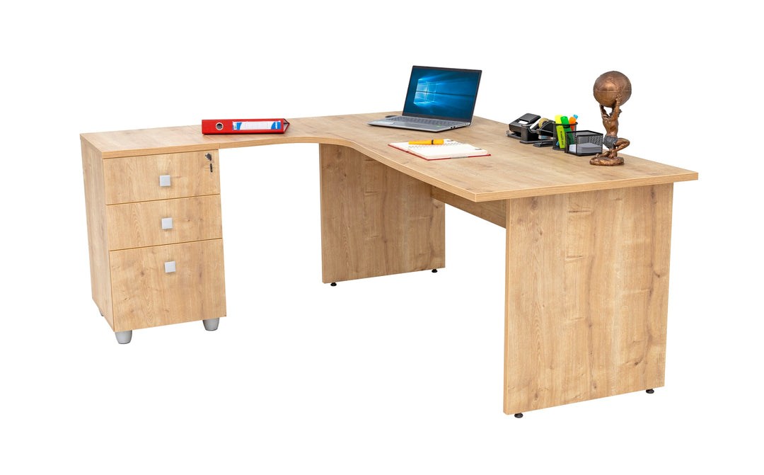 Winkelschreibtisch Dona, Holzfuss, Saphir Eiche Dekor, 180x120x74 cm,  inkl. Beistellcontainer, links gewinkelt