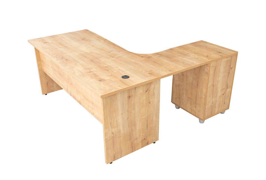 Winkelschreibtisch Dona, Holzfuss, Saphir Eiche Dekor, 180x120x74 cm,  inkl. Beistellcontainer, links gewinkelt