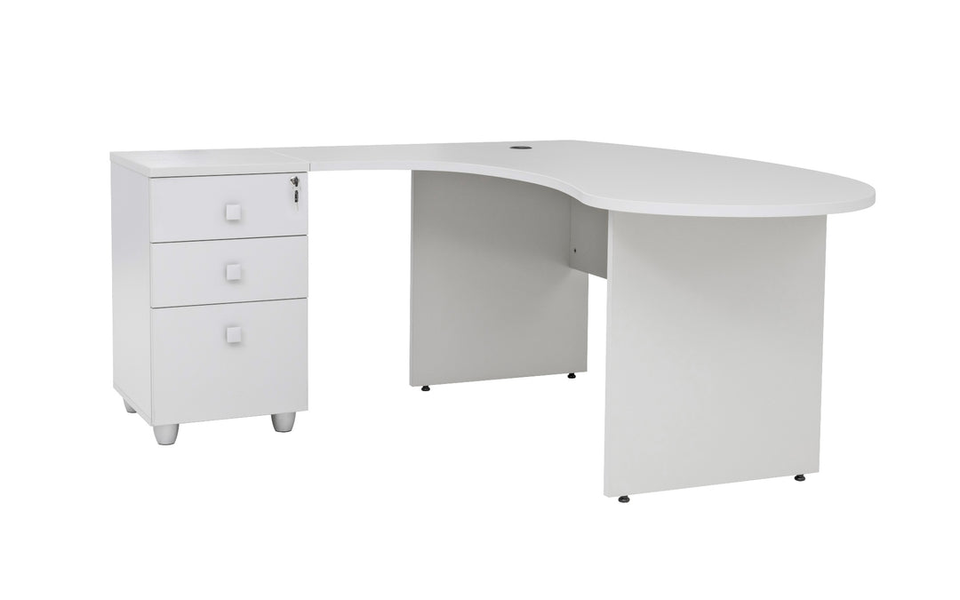 Winkelschreibtisch "Gela", Holzfuss, grau Dekor, 180 cm x 120 cm x 74 cm, inkl. Beistellcontainer, links gewinkelt