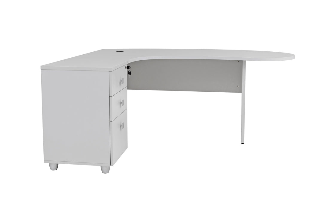 Winkelschreibtisch "Gela", Holzfuss, grau Dekor, 180 cm x 120 cm x 74 cm, inkl. Beistellcontainer, links gewinkelt