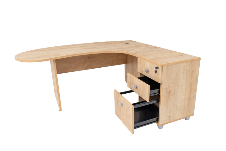 Winkelschreibtisch "Gela", Holzfuss, Saphir Eiche Dekor, 180 x120 x74 cm, inkl. Beistellcontainer, rechts gewinkelt