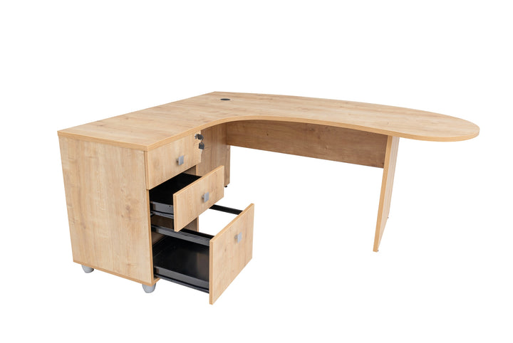 Winkelschreibtisch "Gela", Holzfuss, Saphir Eiche Dekor, 180x120 x74 cm, inkl. Beistellcontainer, links gewinkelt