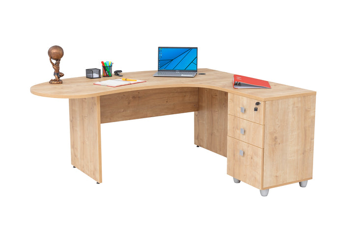 Winkelschreibtisch "Gela", Holzfuss, Saphir Eiche Dekor, 180 x120 x74 cm, inkl. Beistellcontainer, rechts gewinkelt