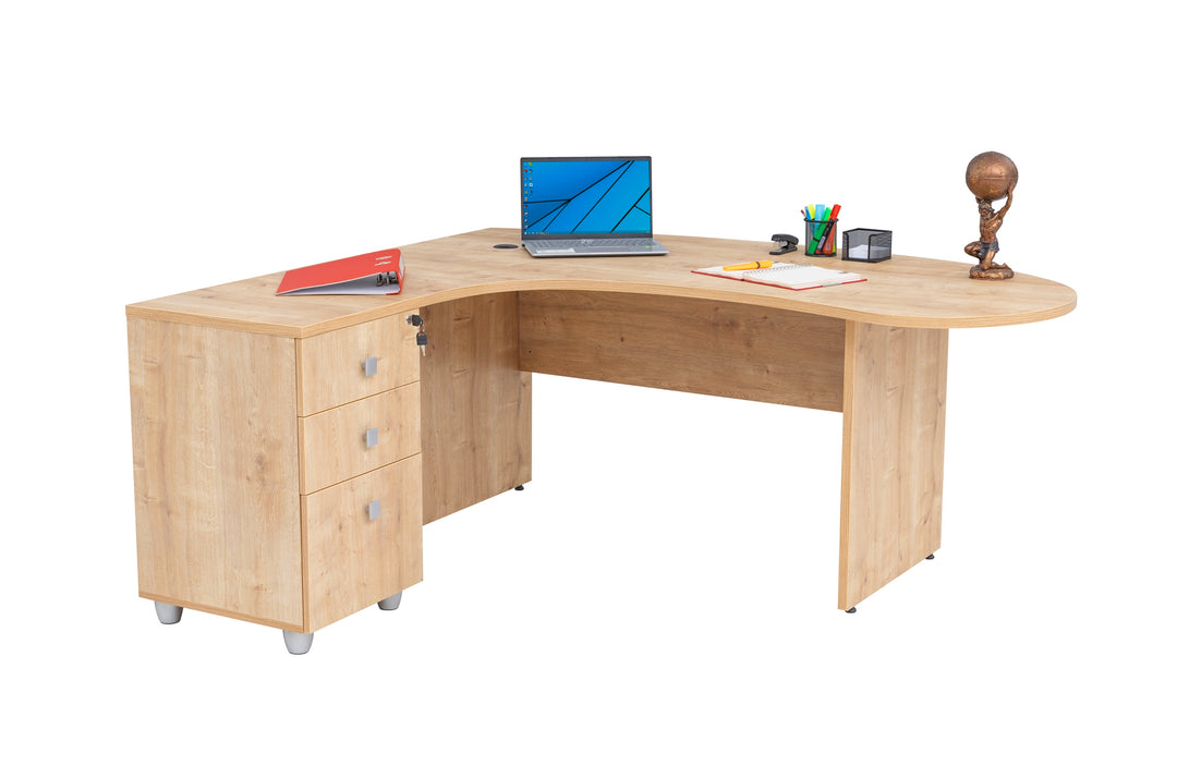 Winkelschreibtisch "Gela", Holzfuss, Saphir Eiche Dekor, 180x120 x74 cm, inkl. Beistellcontainer, links gewinkelt