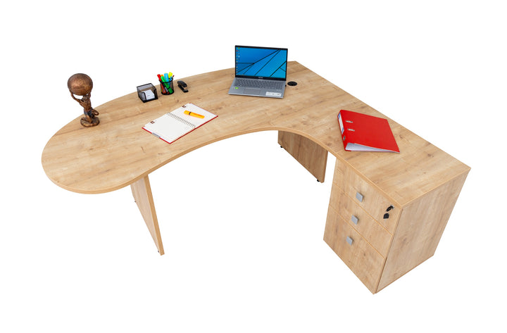 Winkelschreibtisch "Gela", Holzfuss, Saphir Eiche Dekor, 180 x120 x74 cm, inkl. Beistellcontainer, rechts gewinkelt