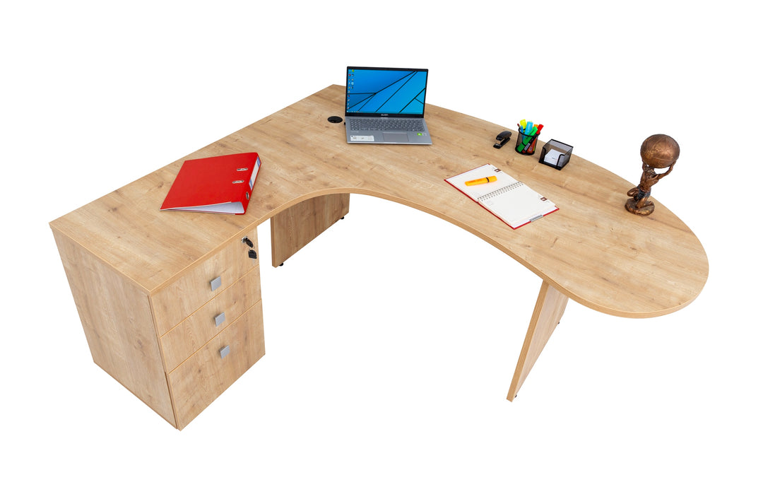 Winkelschreibtisch "Gela", Holzfuss, Saphir Eiche Dekor, 180x120 x74 cm, inkl. Beistellcontainer, links gewinkelt
