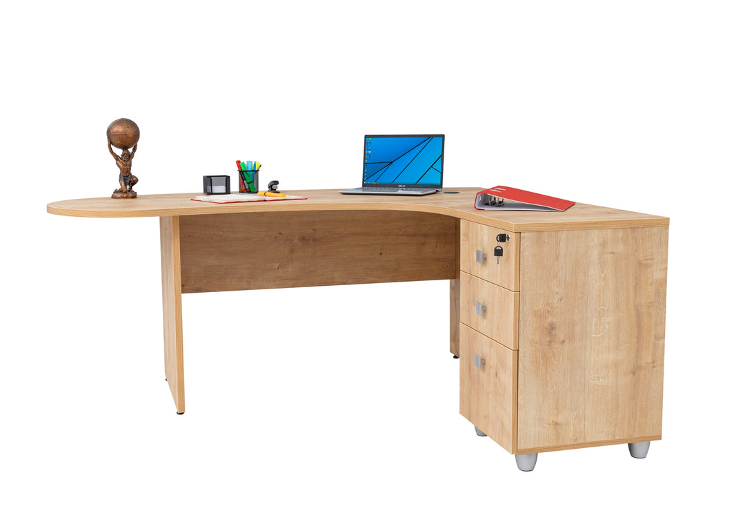 Winkelschreibtisch "Gela", Holzfuss, Saphir Eiche Dekor, 180 x120 x74 cm, inkl. Beistellcontainer, rechts gewinkelt
