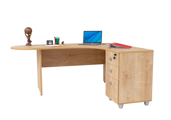 Winkelschreibtisch "Gela", Holzfuss, Saphir Eiche Dekor, 180 x120 x74 cm, inkl. Beistellcontainer, rechts gewinkelt