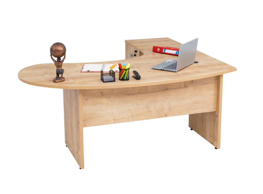 Winkelschreibtisch "Gela", Holzfuss, Saphir Eiche Dekor, 180x120 x74 cm, inkl. Beistellcontainer, links gewinkelt