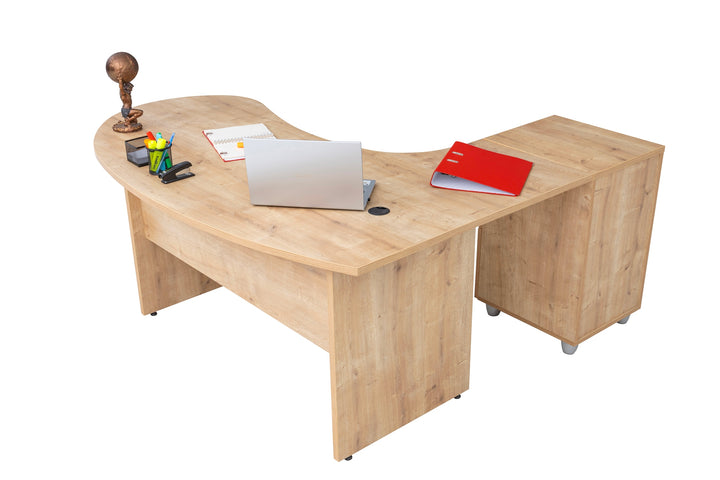 Winkelschreibtisch "Gela", Holzfuss, Saphir Eiche Dekor, 180x120 x74 cm, inkl. Beistellcontainer, links gewinkelt