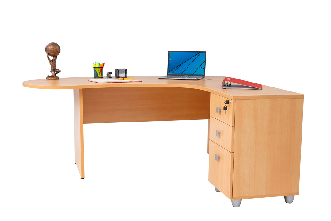 Winkelschreibtisch "Gela", Holzfuss, Buche Dekor, 180 cm x 120 cm x 74 cm, inkl. Beistellcontainer,  rechts gewinkelt