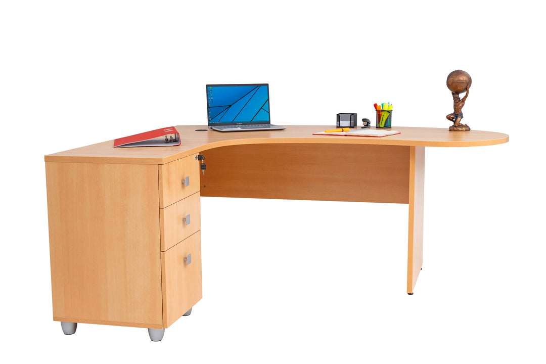 Winkelschreibtisch "Gela", Holzfuss, Buche Dekor, 180 cm x 120 cm x 74 cm, inkl. Beistellcontainer, links gewinkelt