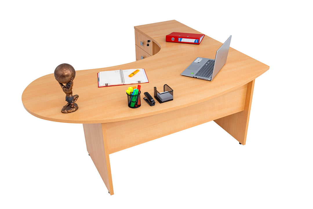 Winkelschreibtisch "Gela", Holzfuss, Buche Dekor, 180 cm x 120 cm x 74 cm, inkl. Beistellcontainer, links gewinkelt