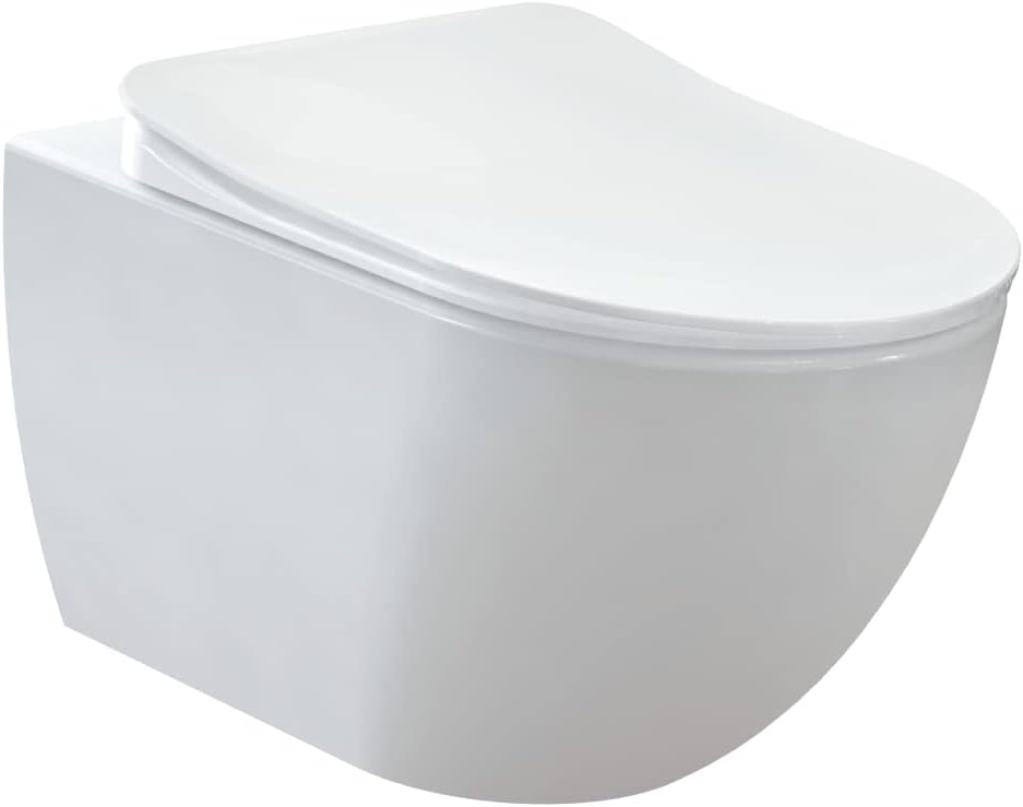 Furni24 Spülrandloses Wand-WC mit Toilettendeckel, Hänge-WC, Duroplast WC-Sitz mit Absenkautomatik, Tiefspüler spülrandlos mit waagerechtem Abgang, Keramik, Bautiefe ist 50cm, Tiefspüler weiß