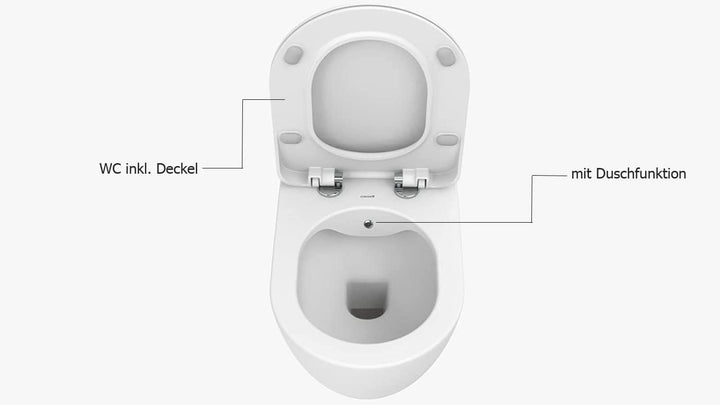 Furni24 Spülrandloses Wand-WC mit Toilettendeckel, Dusch-WC (Taharet), Hänge-WC, Duroplast WC-Sitz mit Absenkautomatik, Tiefspüler spülrandlos mit waagerechtem Abgang,Bautiefe ist 50cm,Tiefspüler weiß