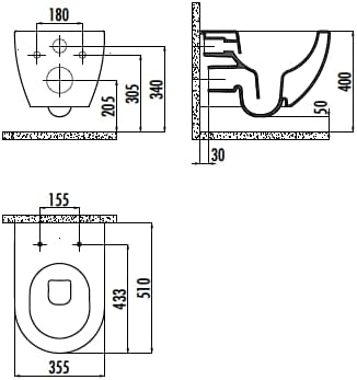 Furni24 Spülrandloses Wand-WC mit Toilettendeckel, Hänge-WC, Duroplast WC-Sitz mit Absenkautomatik, Tiefspüler spülrandlos mit waagerechtem Abgang, Keramik, Bautiefe ist 50cm,Tiefspüler Anthrazit matt
