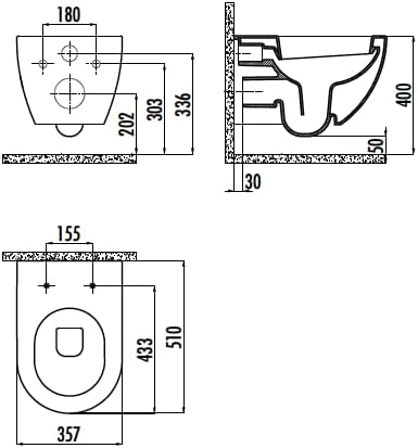 Furni24 Spülrandloses Wand-WC mit Toilettendeckel, Hänge-WC, Duroplast WC-Sitz mit Absenkautomatik, Tiefspüler spülrandlos mit waagerechtem Abgang, Keramik, Bautiefe ist 50cm, Tiefspüler weiß