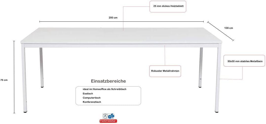 Furni24 Schreibtisch-Stahl 200x100x75cm, Grau, TÜV/GS-Einfache Montage, Arbeitstisch, Bürotisch, Küchentisch, Esstisch, Druckertisch Büro-Möbel Arbeitszimmer Computertisch Gaming-Tisch Mehrzwecktisch