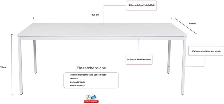 Furni24 Schreibtisch-Stahl 200x100x75cm, Grau, TÜV/GS-Einfache Montage, Arbeitstisch, Bürotisch, Küchentisch, Esstisch, Druckertisch Büro-Möbel Arbeitszimmer Computertisch Gaming-Tisch Mehrzwecktisch