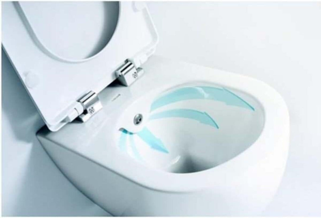 Furni24 Spülrandloses Wand-WC mit Toilettendeckel, Dusch-WC (Taharet), Hänge-WC, Duroplast WC-Sitz mit Absenkautomatik, Tiefspüler spülrandlos mit waagerechtem Abgang,Bautiefe ist 50cm,Tiefspüler weiß
