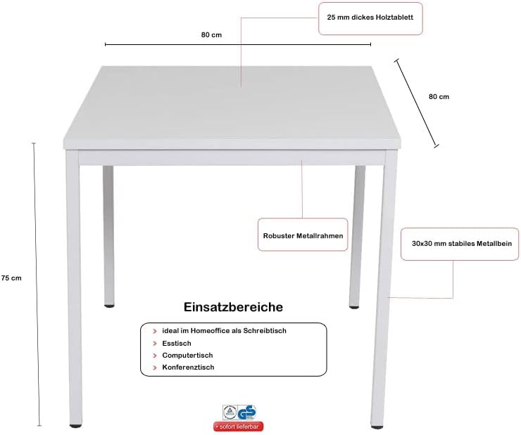 Furni24 Schreibtisch-Stahl 80x80x75cm, Grau, TÜV/GS-Einfache Montage, Arbeitstisch, Bürotisch, Küchentisch, Esstisch, Druckertisch Büro-Möbel Arbeitszimmer Computertisch Gaming-Tisch Mehrzwecktisch
