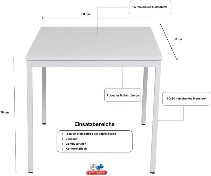 Furni24 Schreibtisch-Stahl 80x80x75cm, Grau, TÜV/GS-Einfache Montage, Arbeitstisch, Bürotisch, Küchentisch, Esstisch, Druckertisch Büro-Möbel Arbeitszimmer Computertisch Gaming-Tisch Mehrzwecktisch