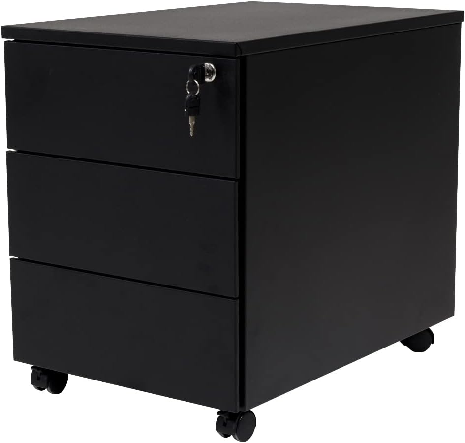 Furni24 Rollcontainer, alles aus Metall, Metallschrank, mobiler Aktenschrank, Druckertisch, abschließbar, 3 Schubladen, Unterschrank, vormontiert, Büro, Homeoffice, 43x59x57cm, schwarz
