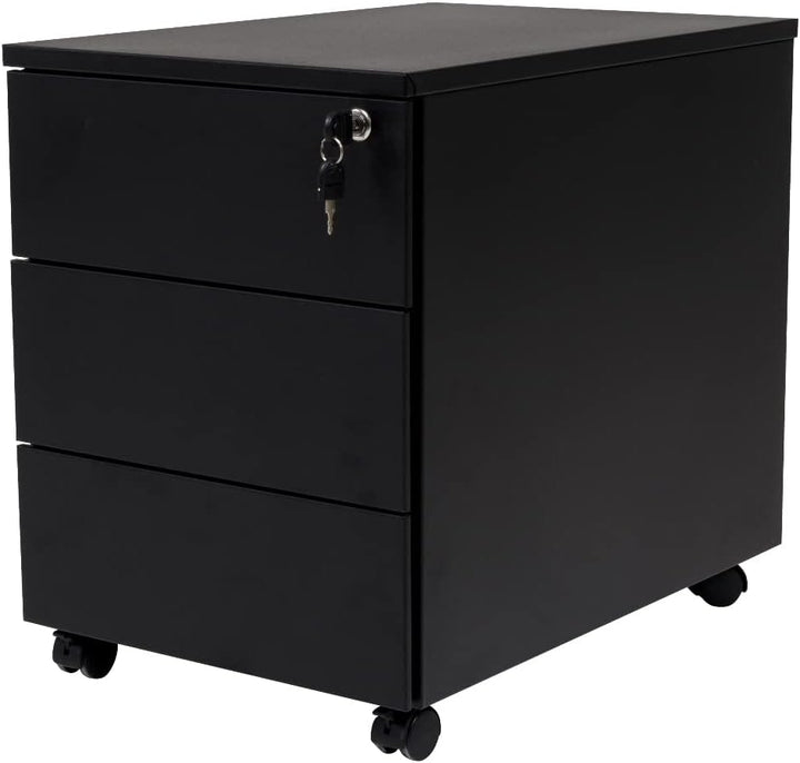 Furni24 Rollcontainer, alles aus Metall, Metallschrank, mobiler Aktenschrank, Druckertisch, abschließbar, 3 Schubladen, Unterschrank, vormontiert, Büro, Homeoffice, 43x59x57cm, schwarz