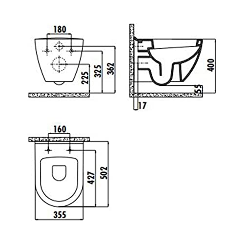 Furni24 Spülrandloses Wand-WC mit Toilettendeckel, Dusch-WC (Taharet), Hänge-WC, Duroplast WC-Sitz mit Absenkautomatik, Tiefspüler spülrandlos mit waagerechtem Abgang,Bautiefe ist 50cm,Tiefspüler weiß