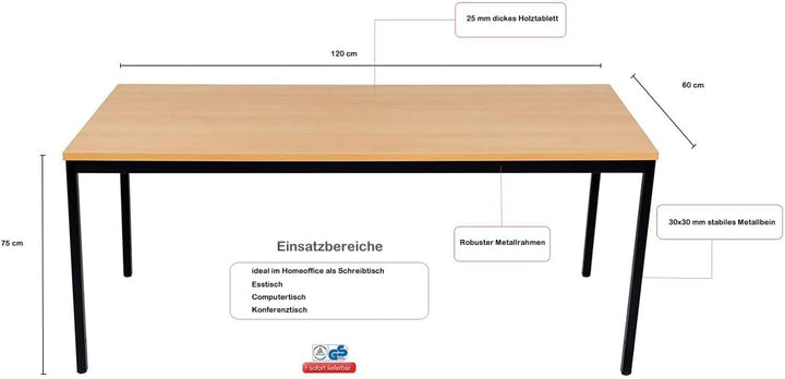 Furni24 Schreibtisch-Stahlgestell 120x60x75cm, Buche, TÜV/GS-Einfache Montage, Arbeitstisch, Bürotisch, Küchentisch, Esstisch, Druckertisch Büro-Möbel Arbeitszimmer Computertisch Gaming-Tisch Mehrzwecktisch