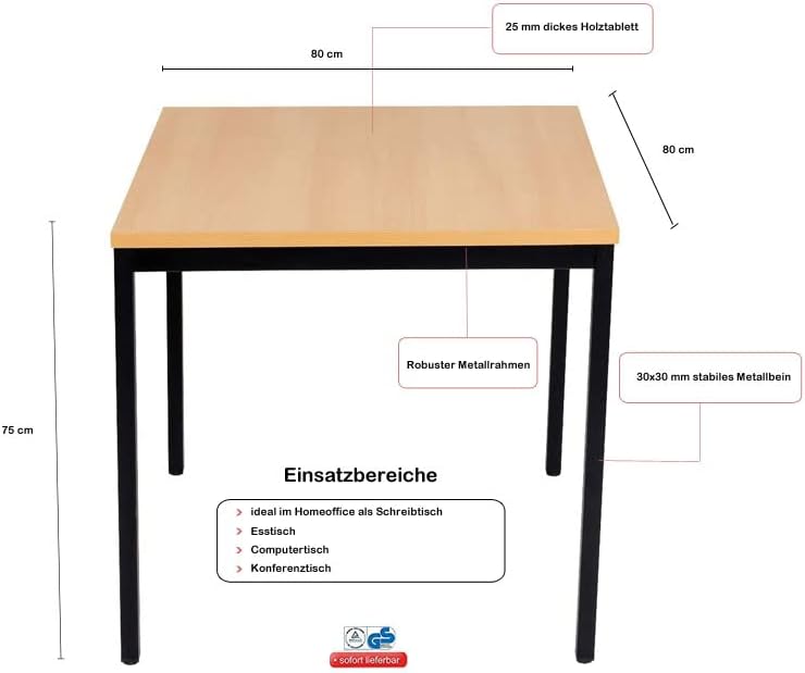 Furni24 Schreibtisch-Stahlgestell 80x80x75cm, Buche, TÜV/GS-Einfache Montage, Arbeitstisch, Bürotisch, Küchentisch, Esstisch, Druckertisch Büro-Möbel Arbeitszimmer Computertisch Gaming-Tisch Mehrzwecktisch