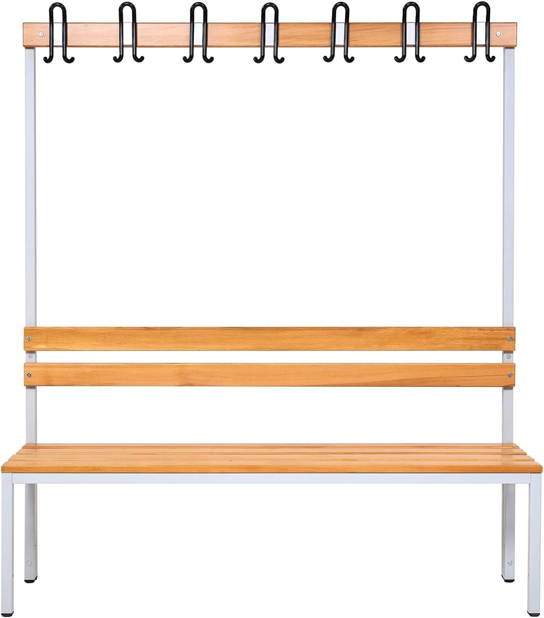 Furni24 Einseitige Umkleidesitzbank 150x43x170 cm mit 4 Füßen ohne Schuhrost, Garderobe mit lackierter Hartholz-Sitzbank und Stahlrahmen, Umkleidebank mit Hakenleiste, 7 Haken, TÜV/GS getestet
