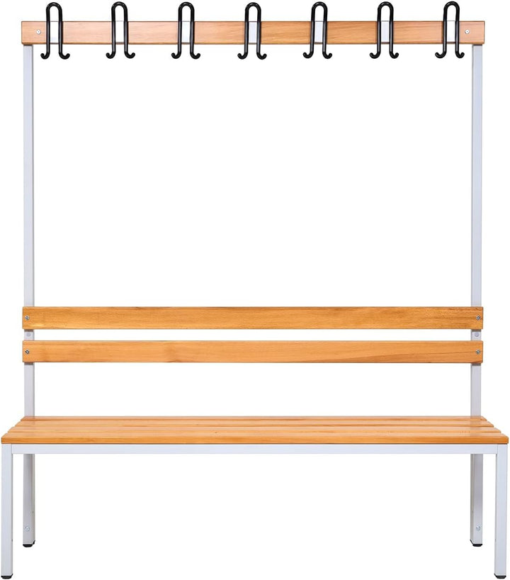 Furni24 Einseitige Umkleidesitzbank 150x43x170 cm mit 4 Füßen ohne Schuhrost, Garderobe mit lackierter Hartholz-Sitzbank und Stahlrahmen, Umkleidebank mit Hakenleiste, 7 Haken, TÜV/GS getestet