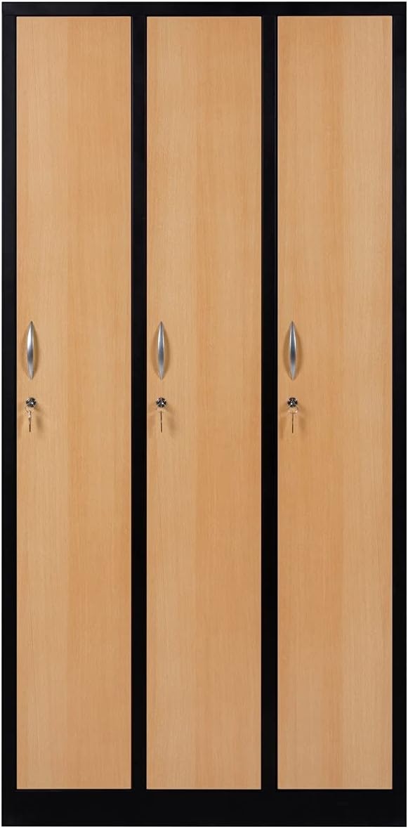 Furni24 Garderobenschrank 90 cm x 50 cm x 180 cm schwarz/buche 3-türig 30 cm Abteilbreite fertig montiert Verschiedene Ausführungen verfügbar