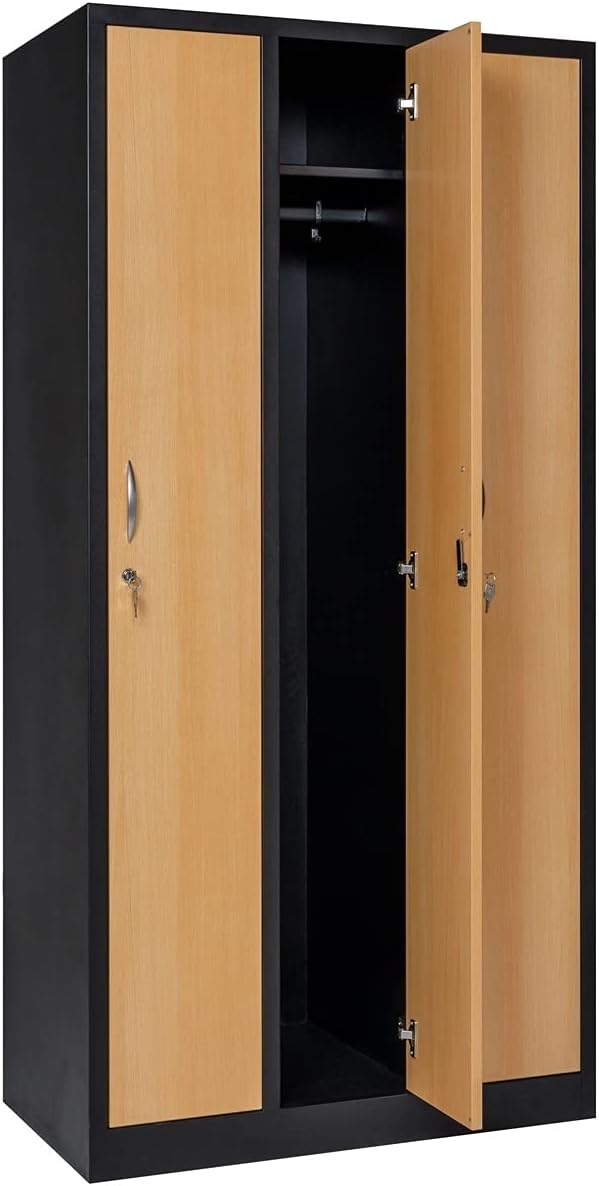 Furni24 Garderobenschrank 90 cm x 50 cm x 180 cm schwarz/buche 3-türig 30 cm Abteilbreite fertig montiert Verschiedene Ausführungen verfügbar