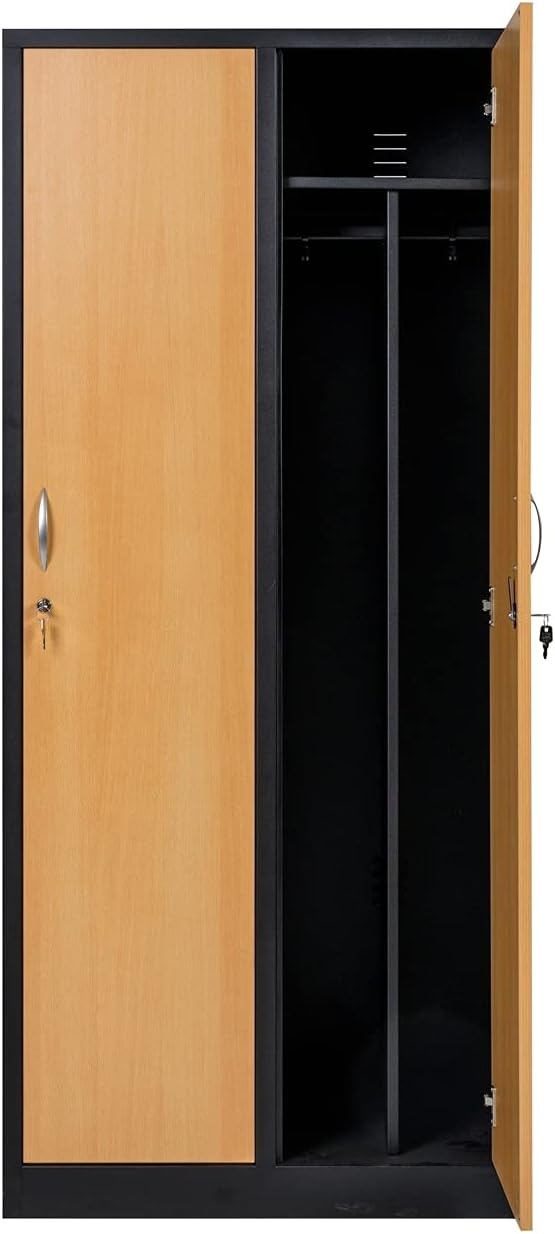 Garderobenschrank Abteilbreite 40 cm ganze Türen mit schwarz/weiß Trennung, 180 cm x 80 cm x 50 cm / schwarz / Buche RAL 9005