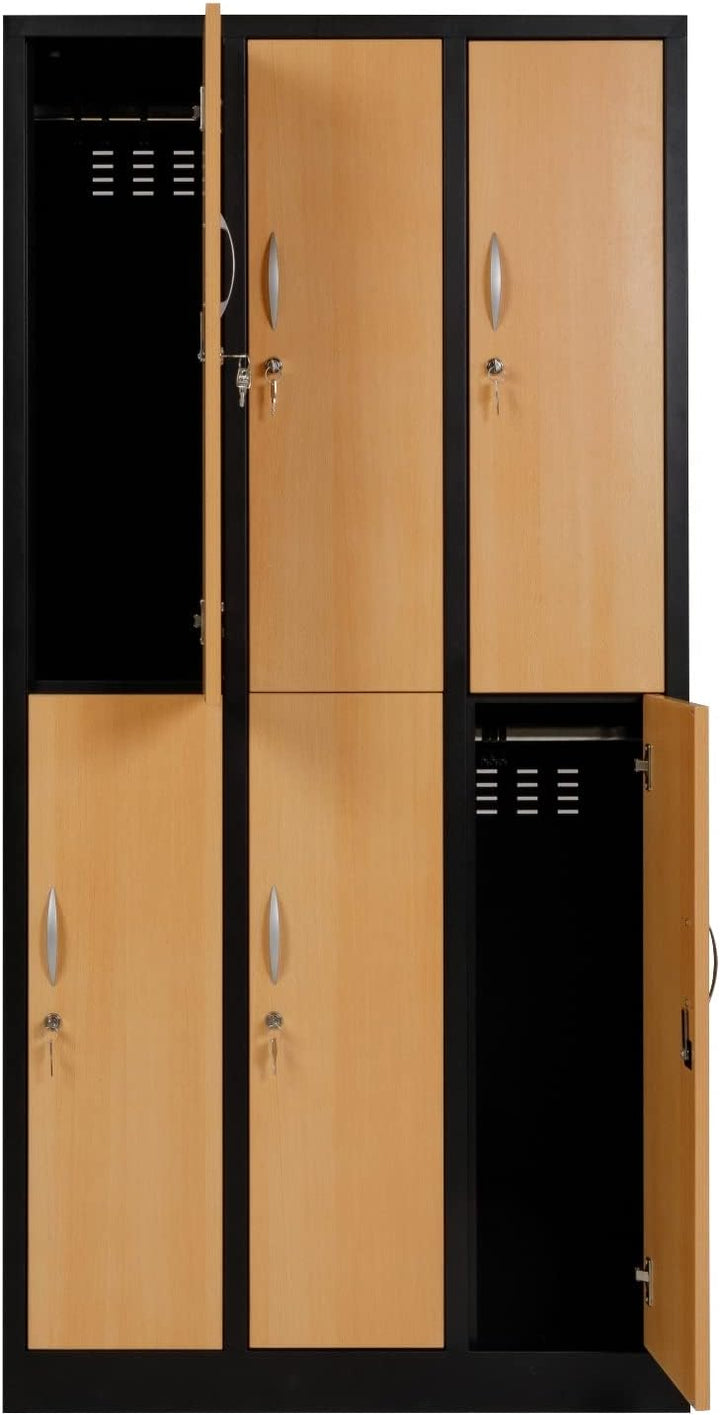 Furni24 Garderobenschrank Schließfach Spind Umkleideschrank Kleiderschrank Abteilbreite 30 cm 6-türig fertig montiert Verschiedene Ausführungen verfügbar, 180 cm x 90 cm x 50 cm / schwarz / Buche RAL 9005