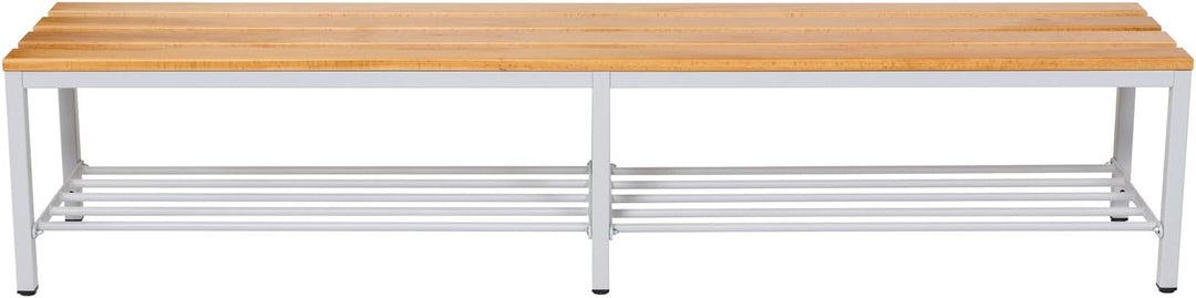 Furni24 Bank Umkleidebank, 200x42x40 cm, Sitzbank für Umkleideräume mit Schuhrost, Umkleidesitzbank, Umkleidebank, Garderobenbank, Sportbank, Bank mit Echtholz für Fitnessstudio