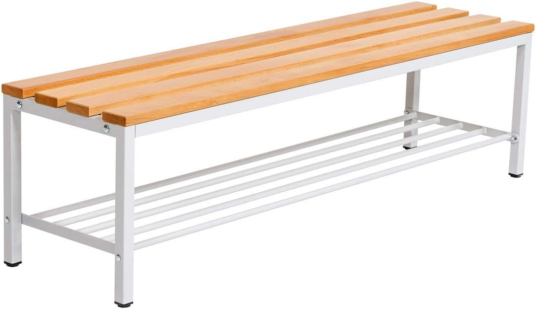 Furni24 Bank Umkleidebank, 150x42x40 cm, Sitzbank für Umkleideräume mit Schuhrost, Umkleidesitzbank, Umkleidebank, Garderobenbank, Sportbank, Bank mit Echtholz für Fitnessstudio