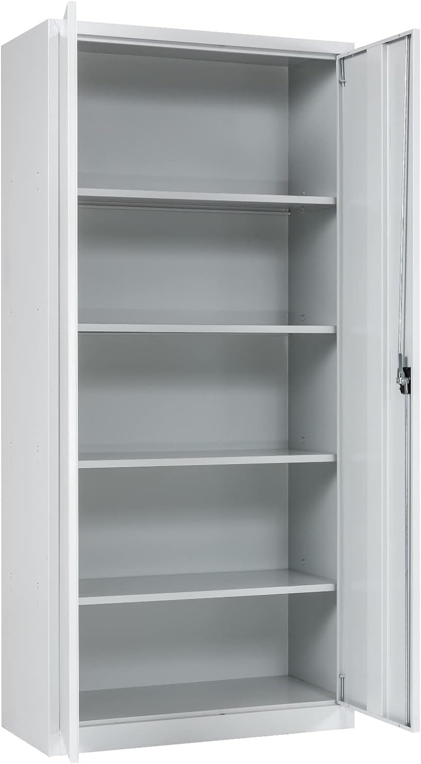 Furni24 Aktenschrank, fertig montiert, 195x92x42cm, Stahlflügeltürschrank Materialschrank, Abschließbarer Spind, Aktenschrank mit 5 Fächern, Werkzeugschrank, Mehrzweckschrank, Universalschrank, grau