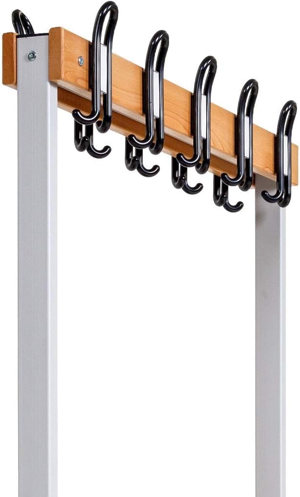 Furni24 Doppelseitige Umkleidesitzbank 150x43x170 cm mit 4 Füßen ohne Schuhrost, Garderobe mit lackierter Hartholz-Sitzbank und Stahlrahmen, Umkleidebank mit Hakenleiste, 14 Haken, TÜV/GS getestet
