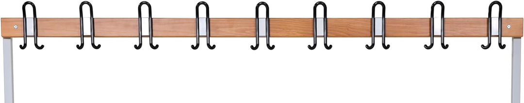 Furni24 Einseitige Umkleidesitzbank 200x43x170 cm mit 6 Füßen ohne Schuhrost, Garderobe mit lackierter Hartholz-Sitzbank und Stahlrahmen, Umkleidebank mit Hakenleiste, 9 Haken, TÜV/GS getestet
