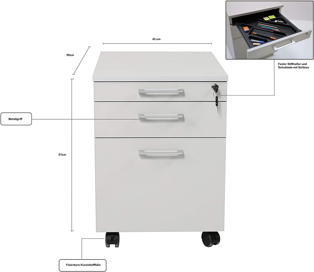 Rollcontainer, Schreibtischcontainer Holz, 3 Schübe, grau Dekor