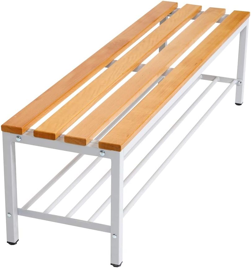 Furni24 Bank Umkleidebank, 150x42x40 cm, Sitzbank für Umkleideräume mit Schuhrost, Umkleidesitzbank, Umkleidebank, Garderobenbank, Sportbank, Bank mit Echtholz für Fitnessstudio
