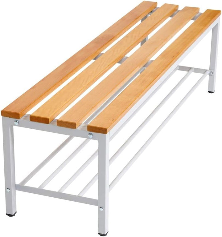 Furni24 Bank Umkleidebank, 150x42x40 cm, Sitzbank für Umkleideräume mit Schuhrost, Umkleidesitzbank, Umkleidebank, Garderobenbank, Sportbank, Bank mit Echtholz für Fitnessstudio