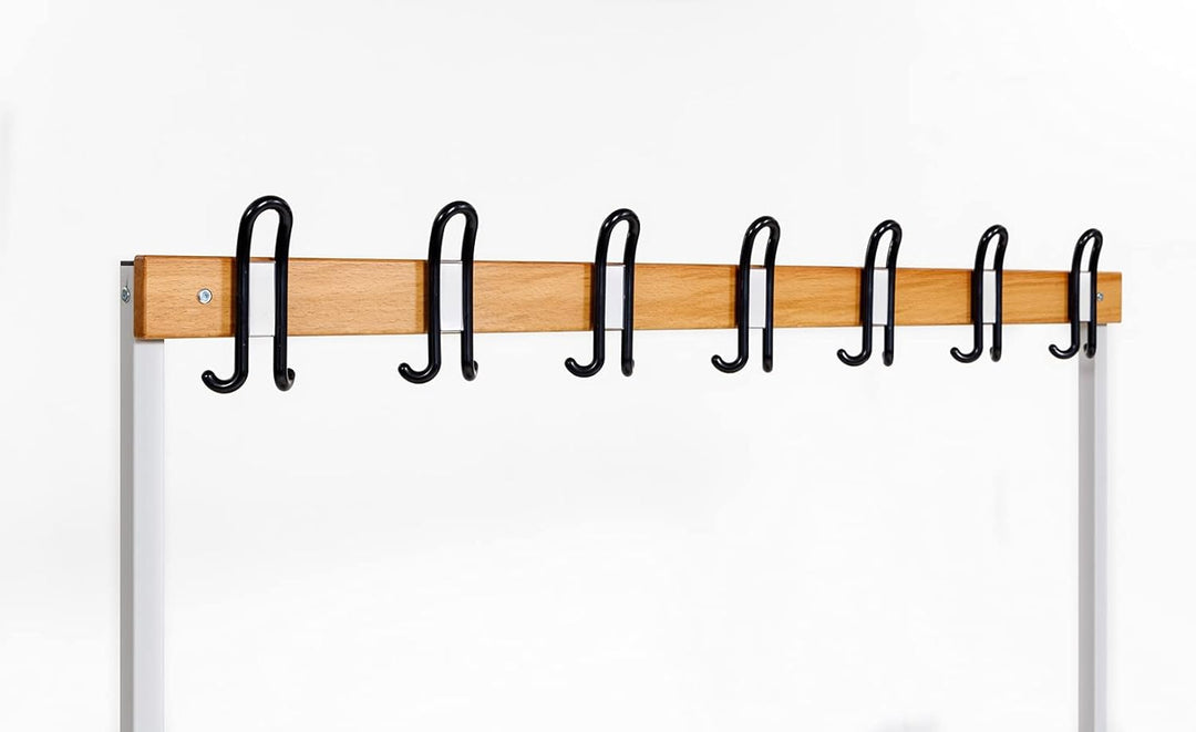 Furni24 Einseitige Umkleidesitzbank 150x43x170 cm mit 4 Füßen ohne Schuhrost, Garderobe mit lackierter Hartholz-Sitzbank und Stahlrahmen, Umkleidebank mit Hakenleiste, 7 Haken, TÜV/GS getestet